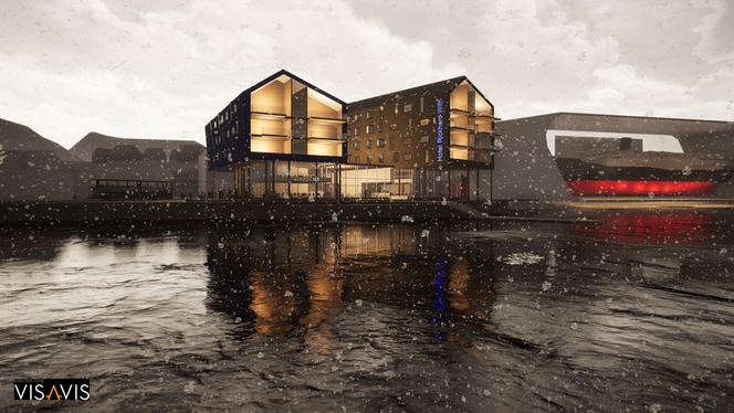 «Hotell Richard With Stokmarknes» er hotellet som Møysalen Eiendom AS ønsker å bygge rett ved siden av museet og vernebygget (t.h.) . Illustrasjon: VIS-AV-VIS