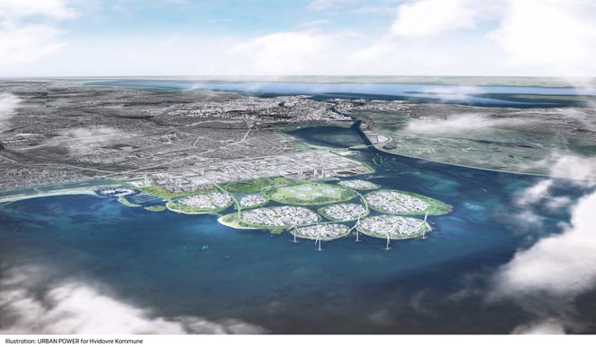 De ni kunstige øyene får navnet «Holmene», og skal bli et europeisk nytt Silicon Valley med opp mot 40 000 nye arbeidsplasser hvis den danske regjeringen får det som de vil. Illustrasjon:  URBAN POWER for Hvidovre kommune