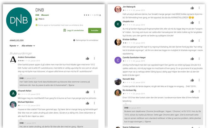 De nyeste tilbakemeldingene som har kommet på DNB Mobilbank-appen i Google Play. Det meste av problemene brukere hadde i starten skal ha blitt rettet opp fortløpende, ifølge DNB.