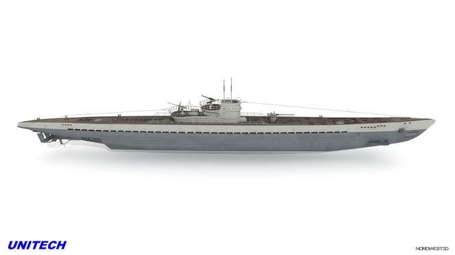 Tyskland sendte flere ubåtlaster til sin krigsalliert, Japan, i siste del av krigen. Denne ubåten som ble skutt i senk ved Fedje, var blant de største og var 87,6 meter lang. Bildet er en animasjon basert på tegninger. Foto av hele ubåten har ikke vært mulig å framskaffe. Ill: Unitech/Nordwest 3d