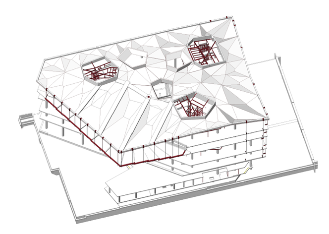 Bim-modellen av bærekonstruksjonen viser hvordan utkrageren er forankret til foldetaket med hengestag. Her ser du også de fire overliggende bjelkene som overfører belastning til søylene. Illustrasjon:  Multiconsult