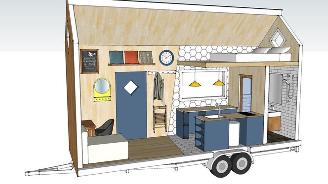 Slik så arkitektstudenten for seg innredningen da han prosjekterte minihuset med programmet Google Sketch. Illustrasjon: Privat