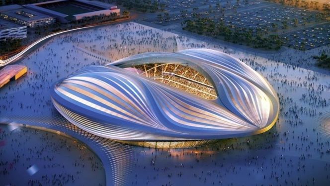 Taket på VM-areanen Al Wakrah kan trekkes over på under 30 minutter. Illustrasjon: Zaha Hadid Architects
