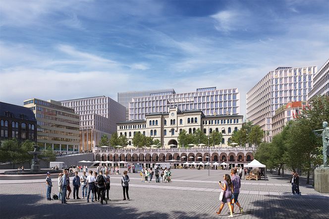 Slik vil det nye regjeringskvartalet se ut fra Youngstorget. Illustrasjon: Statsbygg