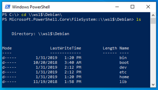Slik finner man Linux-filene fra PowerShell. Skjermbilde: Microsoft