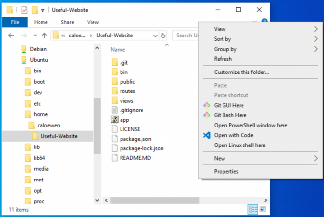 Filutforskeren er blant verktøyene som snart skal kunne brukes for å endre filene i Windows Subsystem for Linux. Skjermbilde: Microsoft