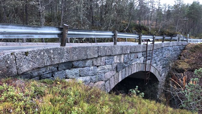 Gamle Bruland bru må dessverre bort. Knekken på midten synes tydelig. Foto: Statens vegvesen