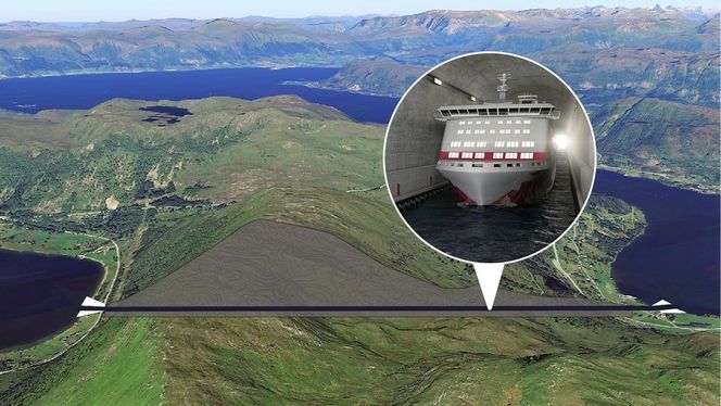 Hullet som nå bores gjennom traseen går gjennom fjellet fra Moldefjorden ved Selje (til venstre) til Vanylvsfjorden til høyre. Illustrasjon:  Kjersti Magnussen, TU/Google Earth/Kystverket