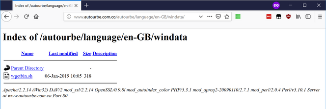 Bildet viser at en skriptfil som ble brukt til spredningen av den nye Mirai-varianten, fortsatt lå på webserveren til det colombianske selskapet i går. Skjermbilde: Unit 42