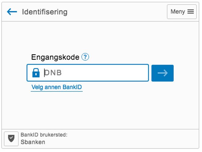 Skjermbildet er fra steg 2 i innlogging i Sbanken. Brukeren har da først oppgitt et gyldig personnummer. Her vises «DNB» i input-feltet for engangskode. Dette forteller at DNB har utstedt BankID og utgjør en informasjonslekkasje som kan bistå en angriper i å angripe en brukers egen bank. Skjermbilde: Jonny Rein Eriksen