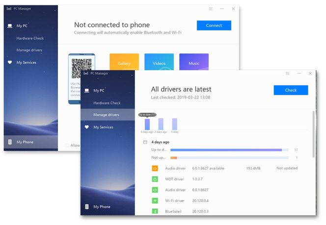 Huawei PC Manager holder driverne oppdatert, og kan også finne eventuelle problemer med PC-en. Programvaren kan også brukes til å navigere i bilder, videoer og musikk fra en tilkoblet Huawei-mobiltelefon.
