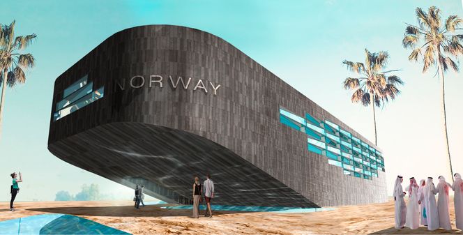 Norges paviljong, EXPO 2020, med fasadekledning i tre. Illustrasjon:  RINTALA-EGGERTSSON ARCHITECTS / EXPOMOBILIA / FIVE CURRENTS