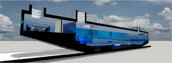 Snitt av paviljongen. Anbudskonkurranse for innvendig design legges ut i mai. Illustrasjon:  RINTALA-EGGERTSSON ARCHITECTS / EXPOMOBILIA / FIVE CURRENTS