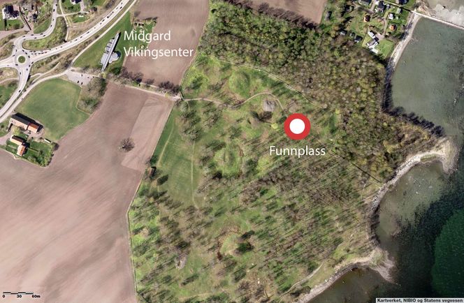 Foto: Kartutsnitt/satellittfoto som viser funnstedet, like ved Midgard Vikingsenter i Borre.