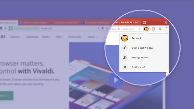 Menyen for valg av brukerprofiler i Vivaldi 2.4. Skjermbilde:  Vivaldi Technologies
