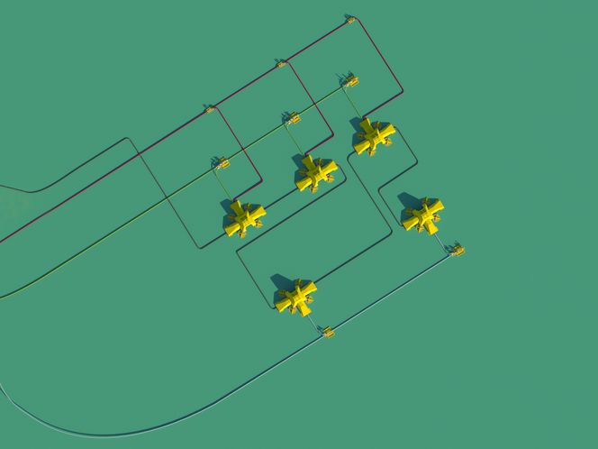 Solveig bygges ut som en havbunnsinstallasjon, med tre produksjonsbrønner og to injeksjonsbrønner. Illustrasjon:  Lundin