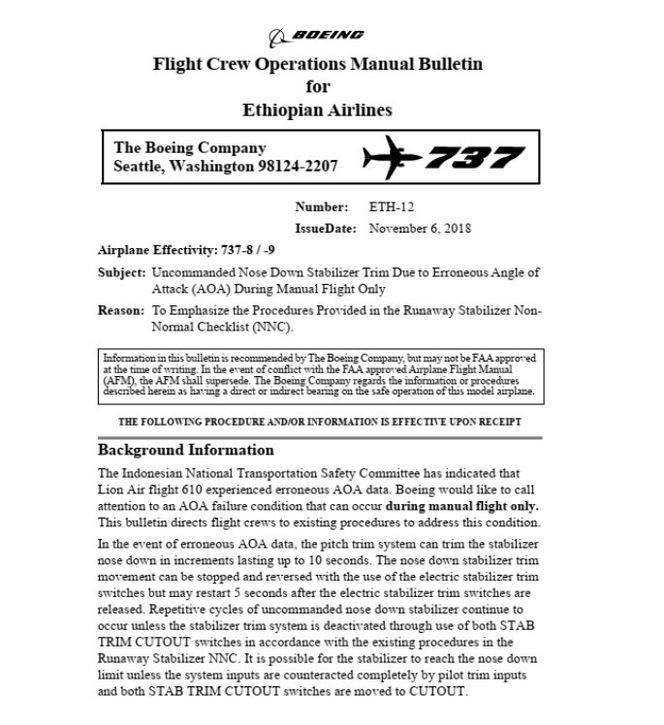 Boeing-bulletin fra 6. november 2018. Foto: Fra den foreløpige ET302-rapporten