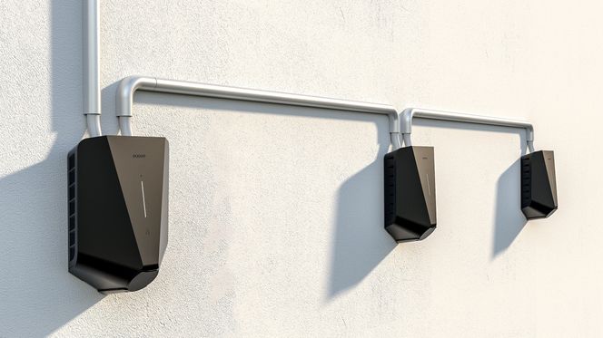 3 på 1-kabel: Slike ladere kan kobles til alt fra 10 A, som gir litt over 2 kW, enfase til 32 A trefase som gir 22 kW. De kan kobles til både IT- og TN-nett og finner selv ut hva de er koblet til. Laderne har 4G bygget inn i laderen som gjør at de kan kontrolleres over nettet, programvareoppgraderes og gi feilmeldinger tilbake. På bildet ser vi tre slike ladere fra norske Easee parallellkoblet sammen for å kunne lade flere biler fra den samme kursen. Satt opp slik vil de fordele effekten solidarisk imellom seg, men det kan også gis prioritet til en av laderne. Foto: Easee