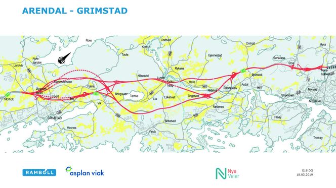 Kartillustrasjon Arendal - Grimstad Illustrasjon: Rambøll, Asplan Viak, Nye Veier