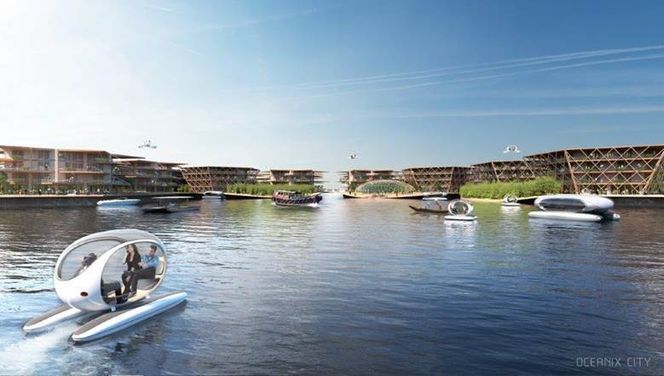 Transportbehovene i den flytende byen løses til vanns, til fots eller ved hjelp av elektriske fremkomstmidler. Foto: BIG-Bjarke Ingels Group