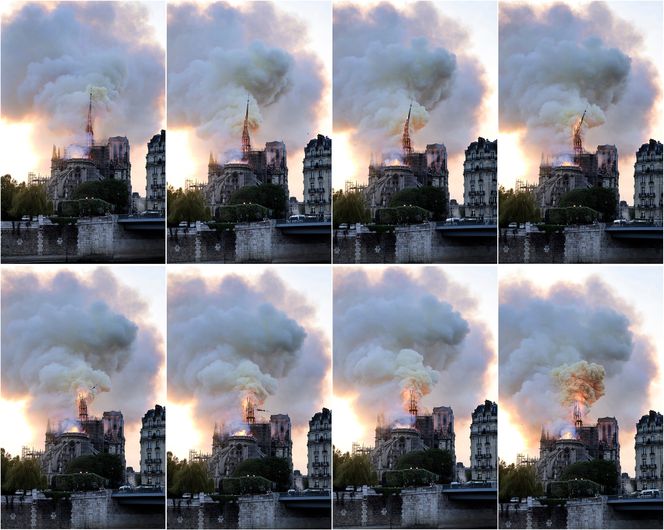 Bildeserien viser spiret på Notre-Dame-katedralen kollapse i mandagens brann. Foto: AP/NTB Scanpix