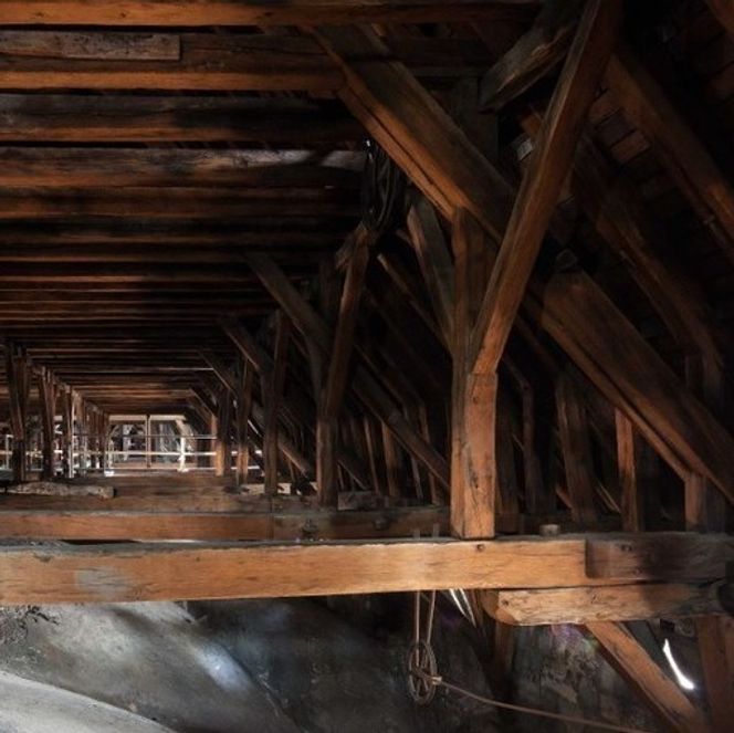 Brannfarlig: Det hundre meter lange kirkeloftet kalles bare for skogen på grunn av den tette veven av eikesøyler og -bjelker. Foto:  Det franske nasjonalbiblioteket