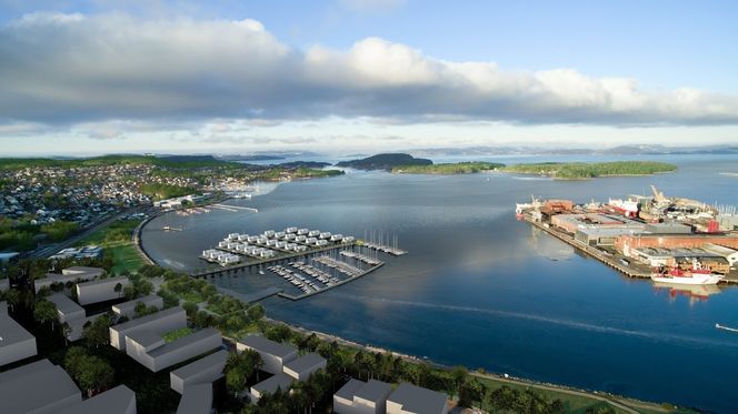 Slik skal det bli: Det flytende boligfeltet er del av en større utbygging i Indre havn. Illustrasjon: Marina Housing
