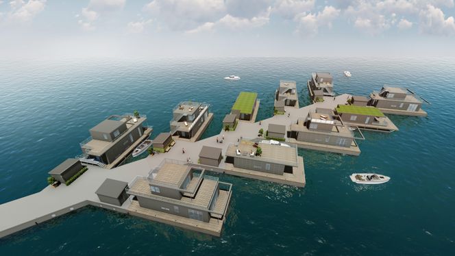 Husene skal ligge i 45 graders vinkel mot kaia slik at alle får fritt utsyn. Illustrasjon: Aqua Housing AB
