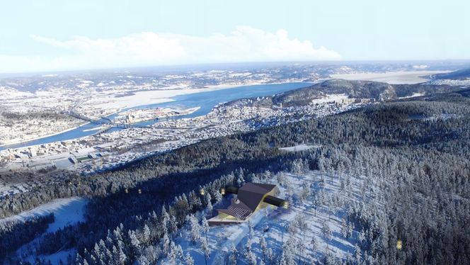 Banen har tre landingsstopp. Midtveis ligger Haukåstoppen, her skal blant annet et konferansesenter, en utendørs amfi, et naturobservatorie og en restaurant bygges. Illustrasjon: Fajar Indra