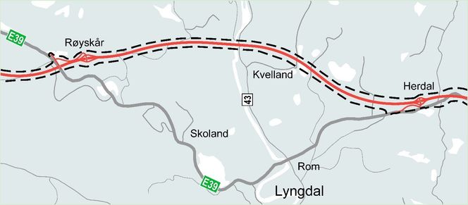 Prosjektet omfatter detaljregulering av omtrent ti kilometer med ny E39, fra Herdal til Røyskår i Lyngdal kommune. Illustrasjon: Nye Veier