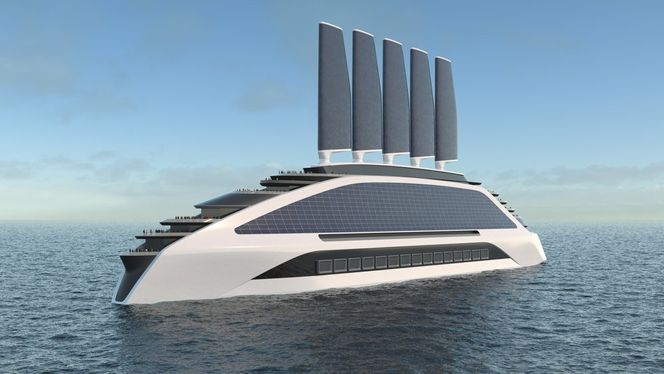 Dette er en mulig løsning for å fjerne utslipp fra cruiseskip fullstendig. Konseptet er basert på solceller, vind og brenselceller som bruker hydrogen. Illustrasjon: NCE Maritime Cleantech