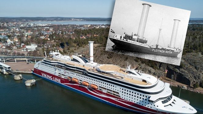 Passasjer- og bilfergen Viking Grace har installert LNG-motorer og rotorseil for å minske utslipp. Foto: Norsepower/ Wiki Commons