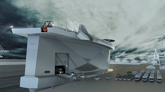Dette spektakulære skipet bruker teknologi fra speedseiling, der alt handler om å seile inn i vinden, ikke med vinden. Skipet designes for å frakte elbiler over Atlanterhavet. Foto: Lade AS