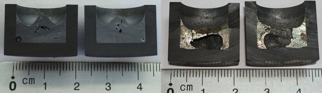 Slik oppfører metallet seg under avkjøling: Silisium vil utvide seg, som du kan se av toppen på midten av overflaten til venstre. Dette kan gjøre at digelen sprekker. Når en setter til litt jern (det andre bildet) ser du at du ikke får denne toppen og istedenfor får et hulrom, fordi den krymper ved størkning. Illustrasjon:  NTNU