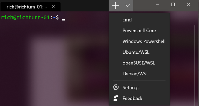 Meny i Windows Terminal hvor brukerne kan velge mellom ulike kommandolinjeskall når en ny fane skal åpnes. Foto: Microsoft