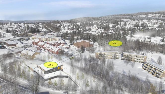 To alternativer for stoppested for gondolbanen i Drammen. Illustrasjon: Fajar Indra