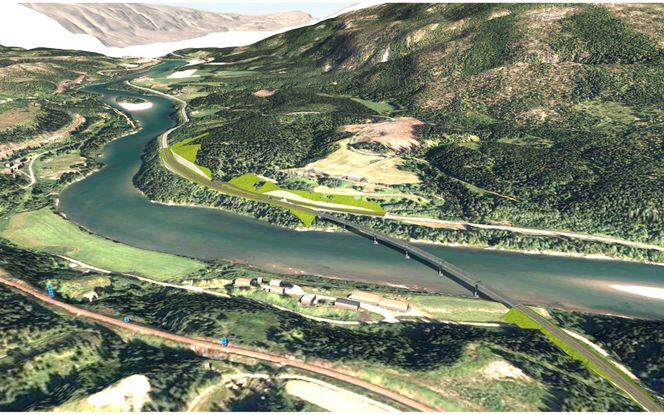 I nord skal den nye E6-traseen krysse elva Vefsna med en ca. 400 meter lang bru, før veien kobles på eksisterende E6. Ill: Statens Vegvesen
