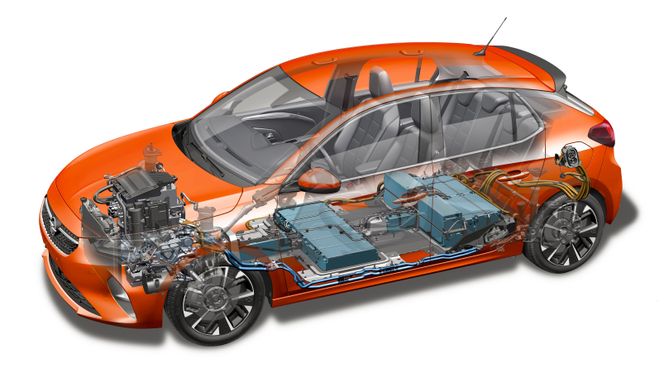 Skjematisk oversikt over innmaten i Opel Corsa-e. Foto: David Parsons