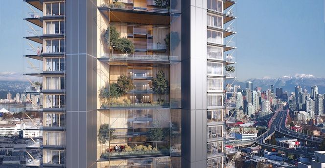 Fasadeelementer og etasjeskillere skal bygges i massivtre. På fasaden blir det solcellepaneler. Foto: Perkins + Will / Delta Land Development