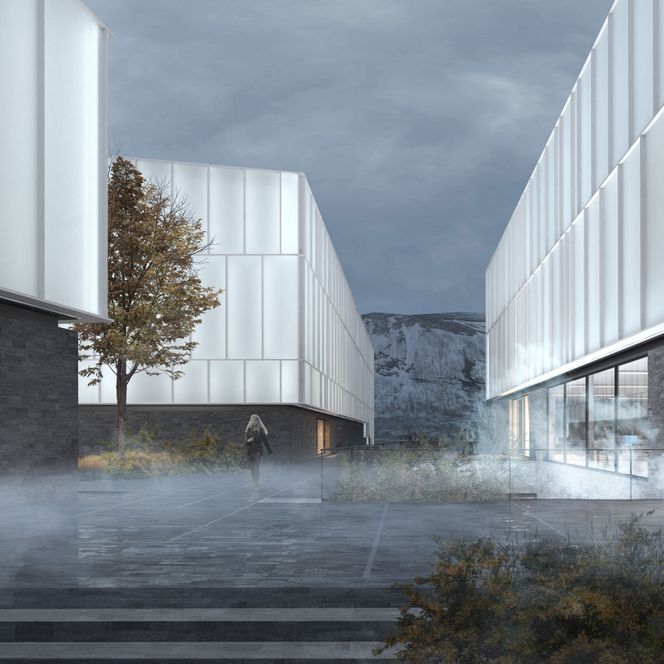 Museumet vil bestå av i alt fire bygg. Illustrasjon: Henning Larsen Architects
