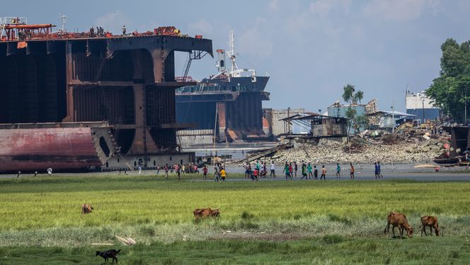 Beaching: Bildet viser opphogging av store havgående skip på stranden i Chittagong i Bangladesh i 2017. I 2018 ble 185 store skip hogd opp på strendene i landet. Foto: Reinhard Fasching