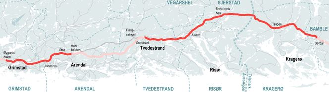 E18-traseen mellom Dørdal og Grimstad. Illustrasjon:  Nye Veier