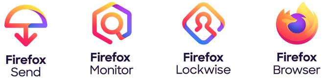 De fire nye logoene som representerer Firefox-produktene Send, Monitor, Lockwise og Browser. Illustrasjon: Mozilla