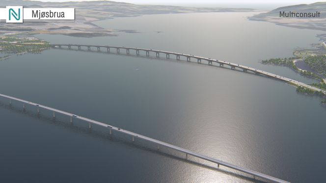 Den nye E6-brua over Mjøsa kan også bli ei trebru. Illustrasjon: Nye Veier/Multiconsult