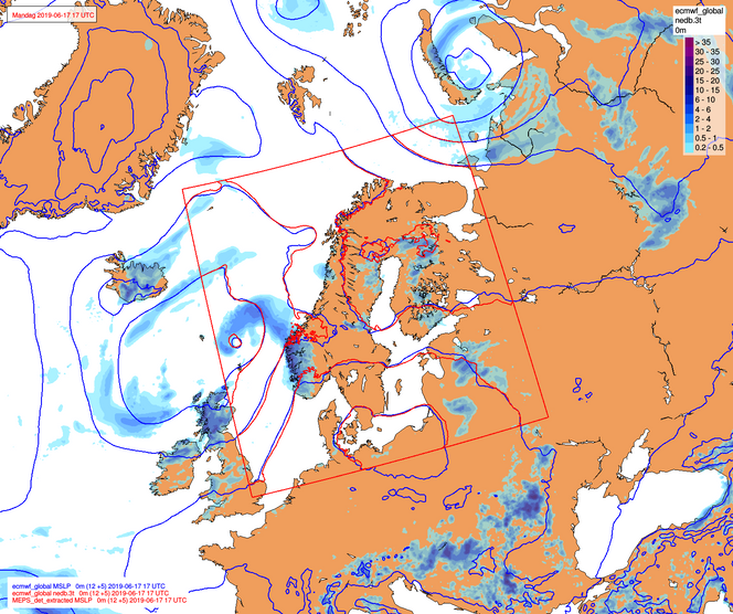 Norden: Den lokale prognosemodellen (Arome) som brukes på yr ligger inni den globale modellen fra ECMWF. Varsel innenfor den røde rammen kommer fra Arome de nærmeste 2 døgnenen, deretter er det ECMWF-data som er grunnlag for varsel også her. Foto: Vibeke Thyness