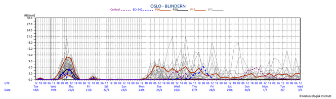Utrygt for regn: Grafen viser nedbørvarsel i mm, for Oslo fra de 50 medlemmene i ensemblet fra ECMWF. Noen dager er ganske sikkert tørre mens andre på dager varierer nedbøranslagene ganske mye. Dette er god informasjon både for meteorologer og andre brukere av værdata, som kanskje må ta hensyn til en risiko for nedbør. Foto: Vibeke Thyness