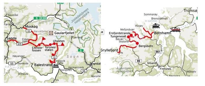 De nasjonale turistvegene Gaularfjellet (t.v.) og Senja (t.h.) Illustrasjon: Menon