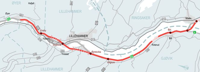 Strekningen som skal bygges ut, går fra Roterud nord for Biri til Storhove like nord for Lillehammer. Illustrasjon: Nye Veier