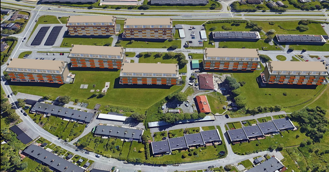 Det er relativt mange unge beboere i Karolinerveien borettslag i Trondheim. Det består av de sju blokkene du ser midt i bildet. Foto:  Skjermdump