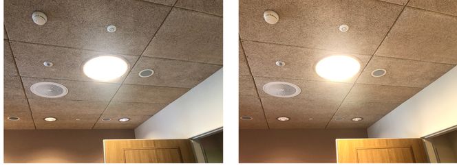 Lampe i taket på et av pasientrommene. T.v. er lampen styrt til høy fargetemperatur og kort bølgelengde (blått). Til høyre med lav fargetemperatur og stor bølgelengde (rødt).